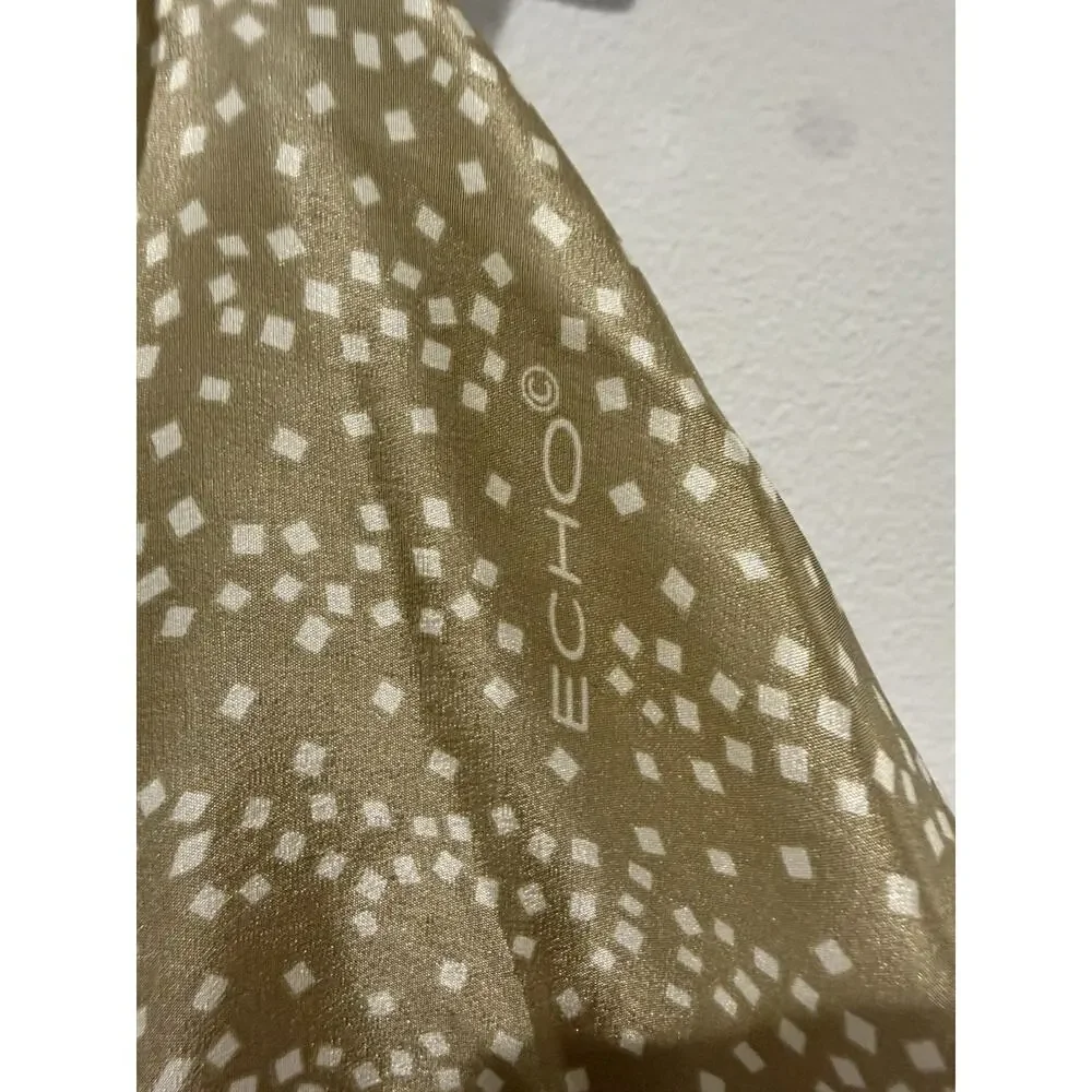Vintage Echo Scarf Wrap 100% Silk Taupe Ivory Geometric Print Japan Indie Fringe